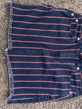 American Eagle Outfitters Navy Blue Denim Mini Skirt with Red and White Stripes